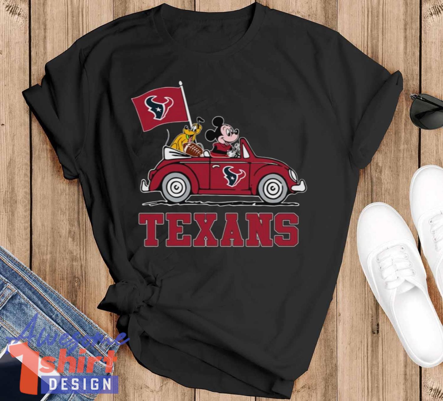 NFL Football Houston Texans Pluto Mickey Driving Disney Shirt