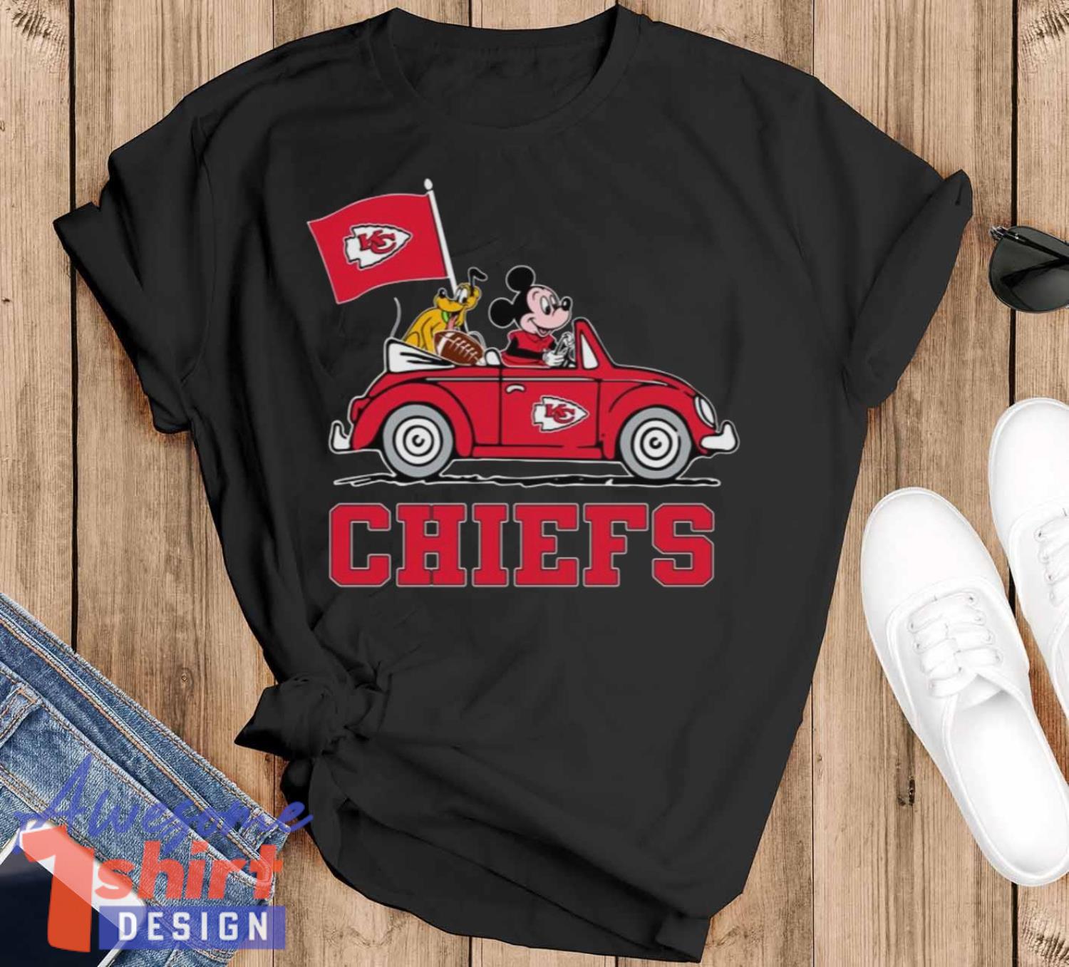 NFL Football Kansas City Chiefs Pluto Mickey Driving Disney Shirt