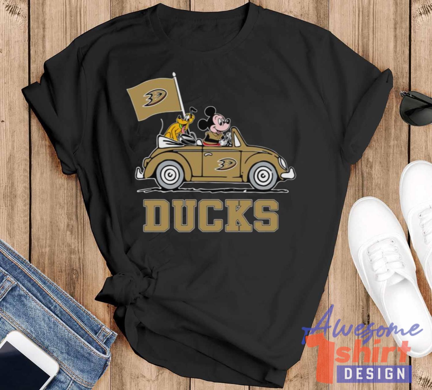 NHL Hockey Anaheim Ducks Pluto Mickey Driving Disney Shirt