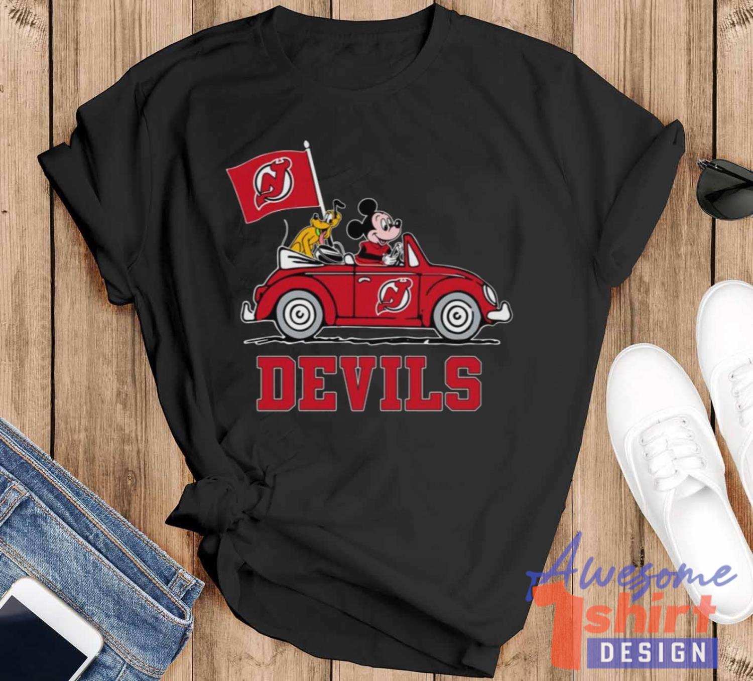 NHL Hockey New Jersey Devils Pluto Mickey Driving Disney Shirt