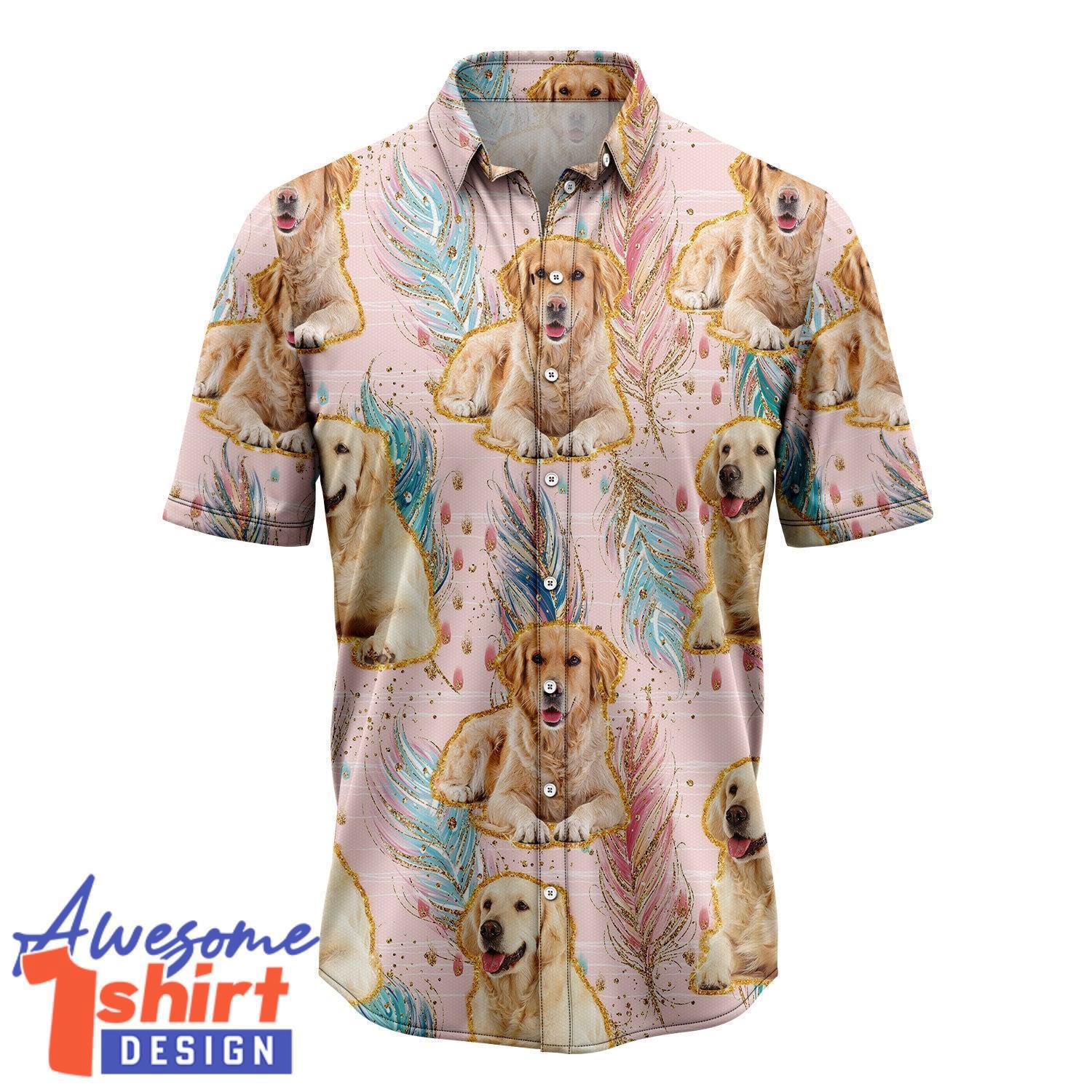 Golden Retriever Boho Feather Hawaiian Shirt Aloha Beach Shirt For Summer Holiday