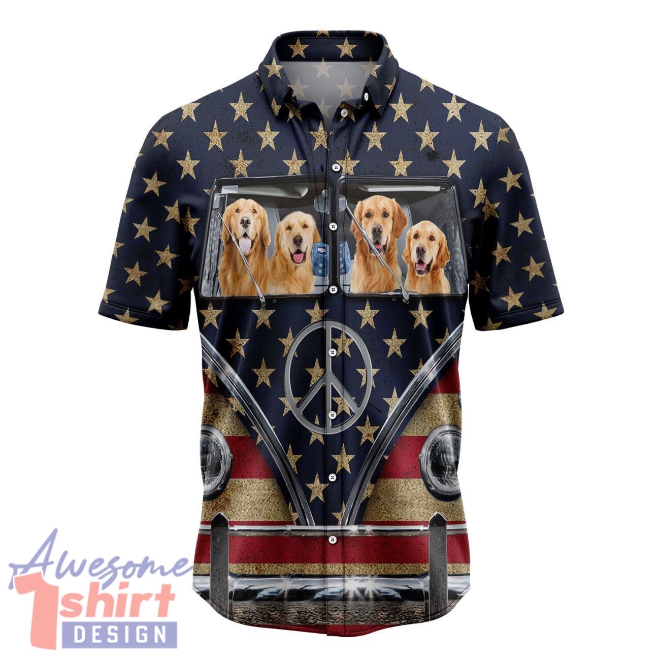 Golden Retriever Flag Hippie Bus Hawaiian Shirt Short Sleeve Beach Shirt