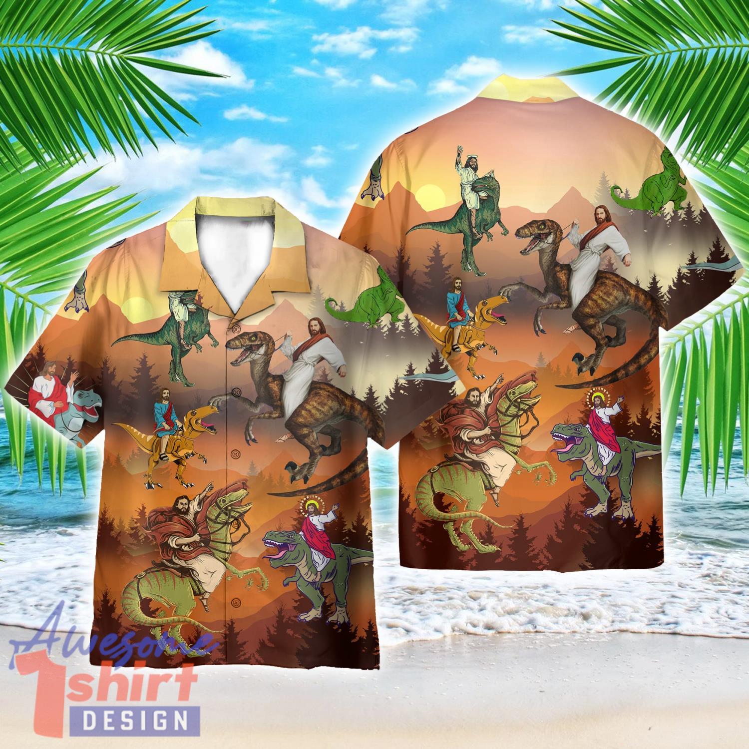 Jesus Rides A Dinosaur AOP Hawaiian Shirt Beach Lover Summer Gift Shirt