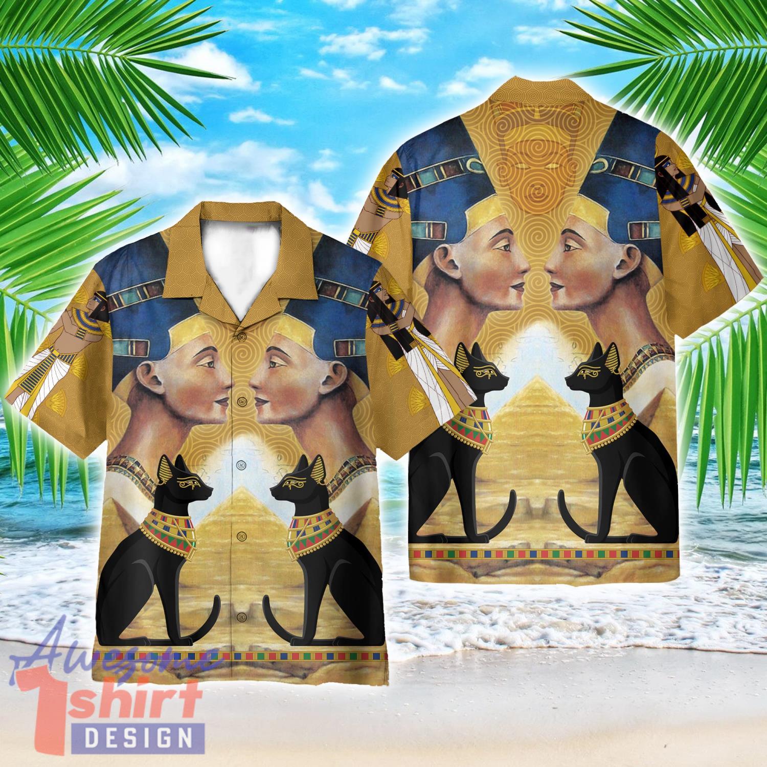 King And Black Cat Egypt AOP Hawaiian Shirt Beach Lover Summer Gift Shirt