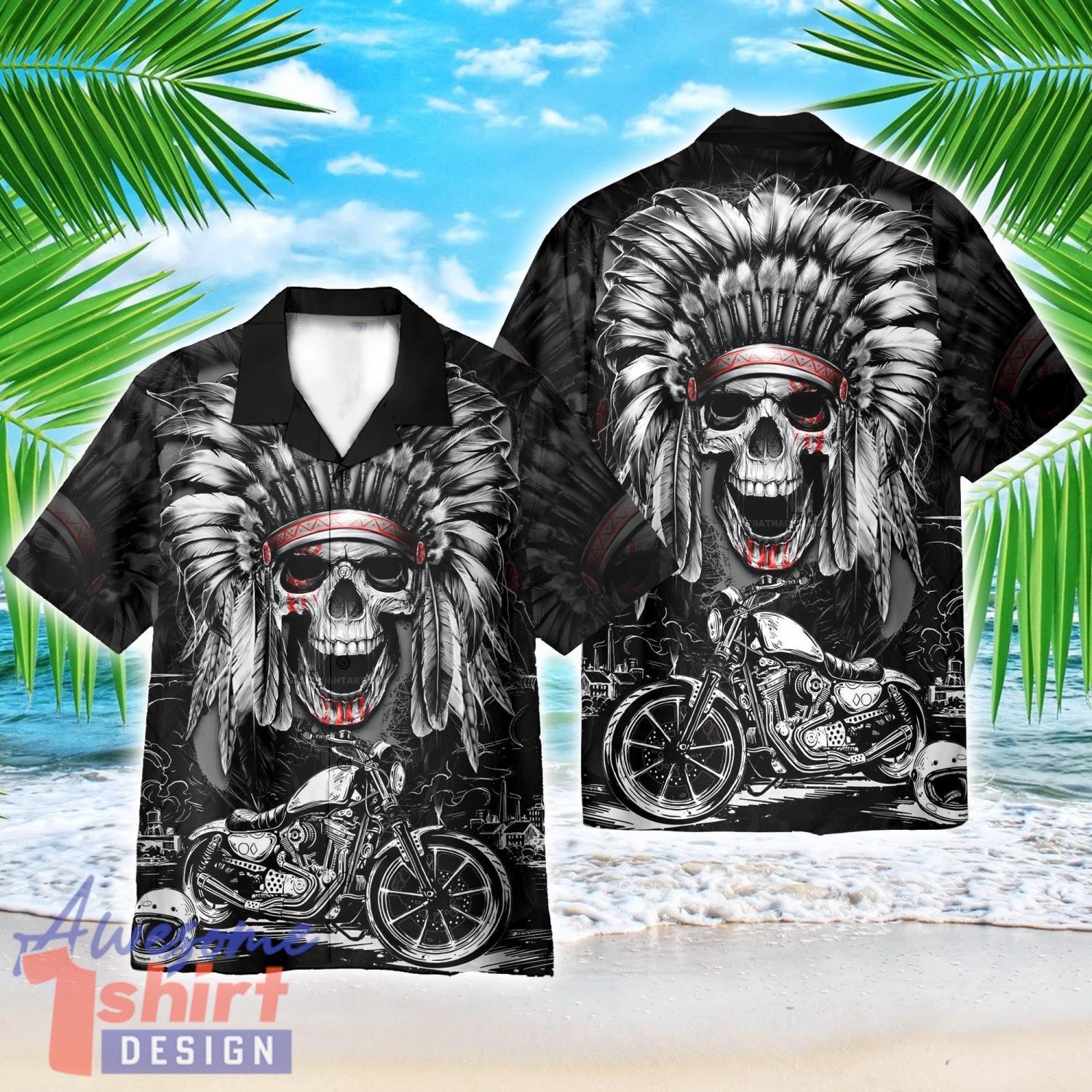 Native American Chief Skull Motorcycle AOP Hawaiian Shirt Beach Lover Summer Gift Shirt