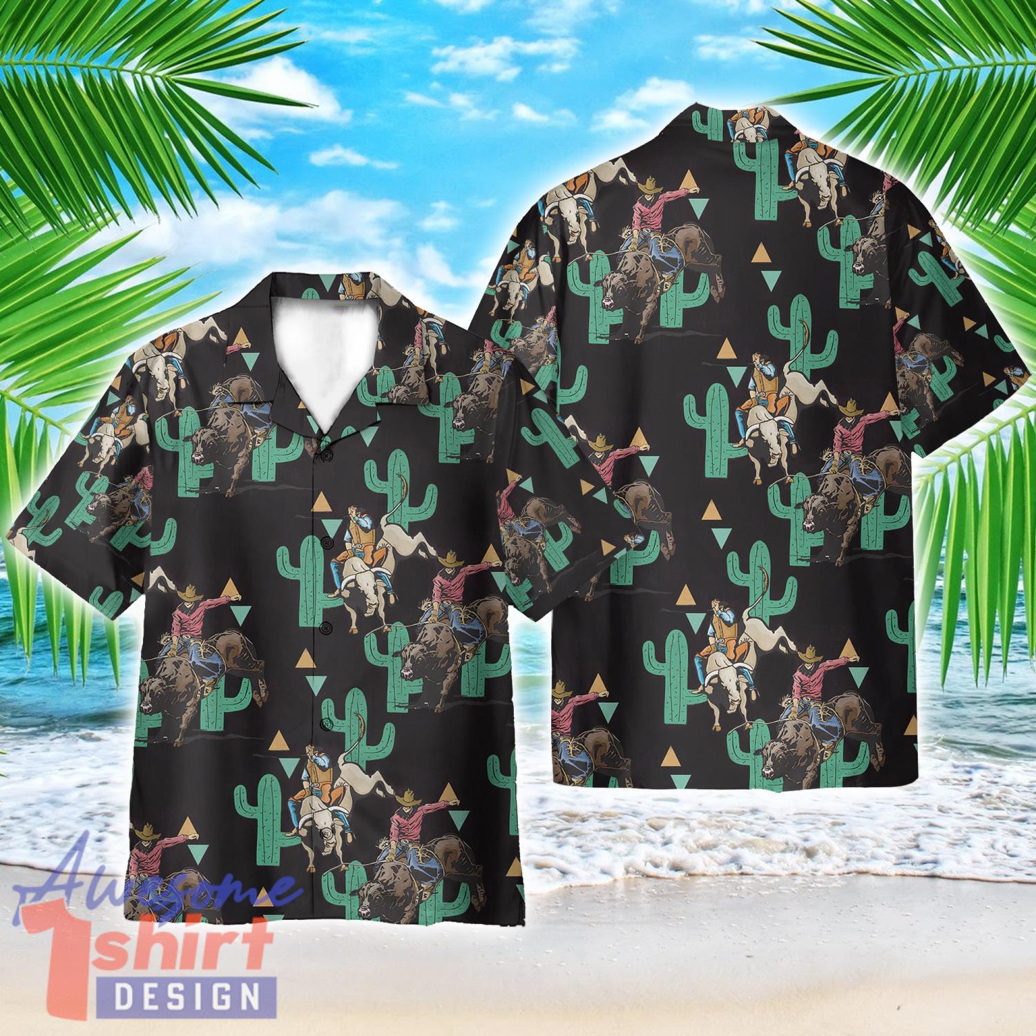 Rodeo Cactus Bull Riding Summer AOP Hawaiian Shirt Beach Lover Summer Gift Shirt