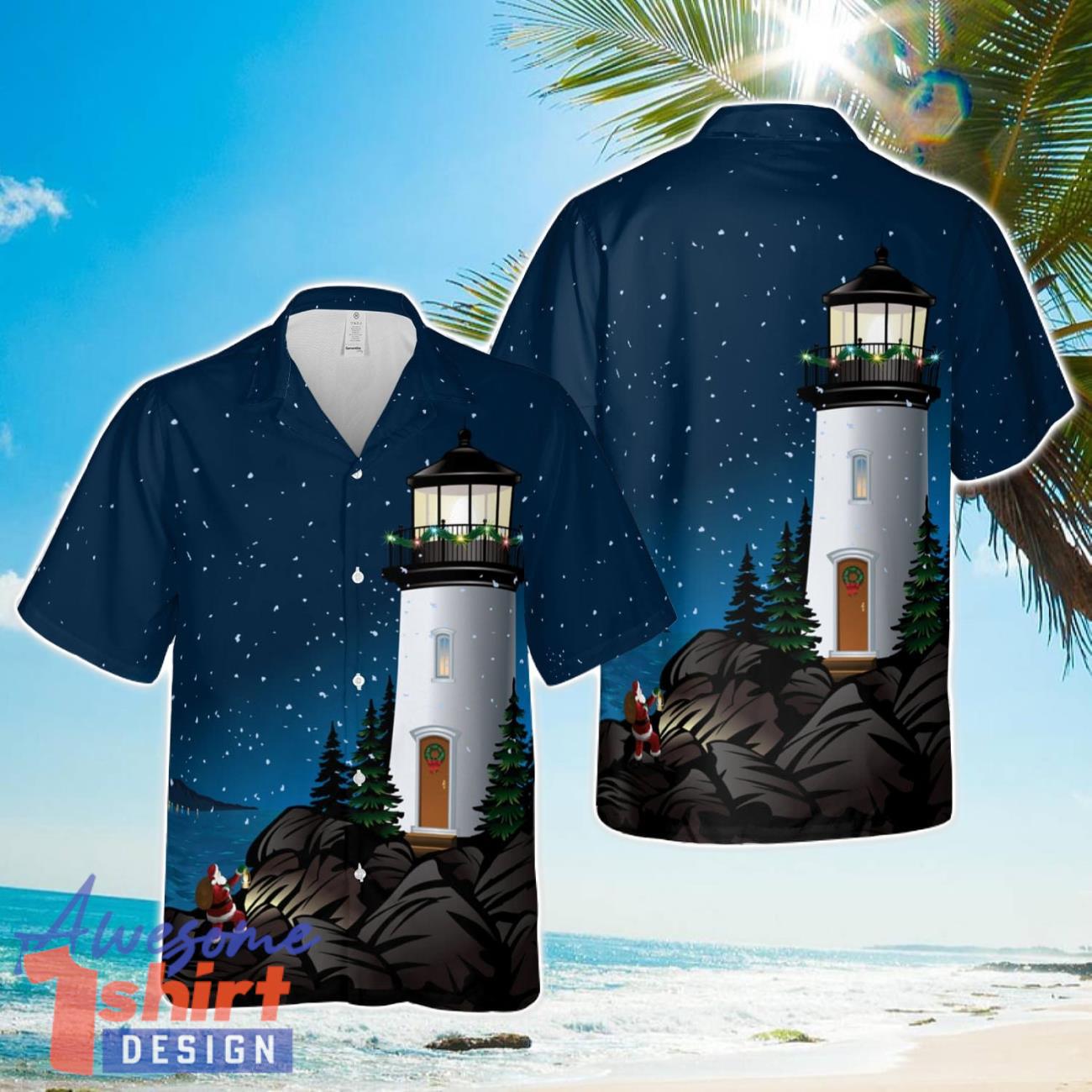 Santa climbing cliffs to lighthouse AOP Hawaiian Shirt Summer Holiday Gift