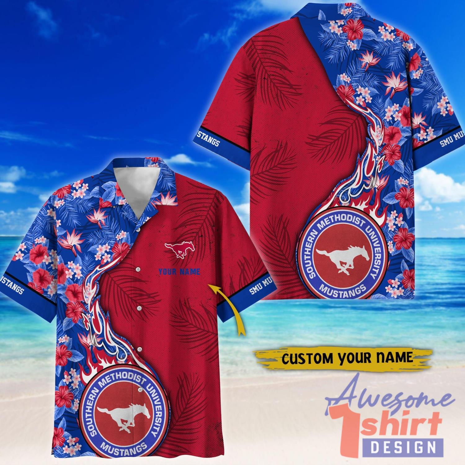 SMU Mustangs Tropical Style Fireball Custom Name Hawaiian Shirt