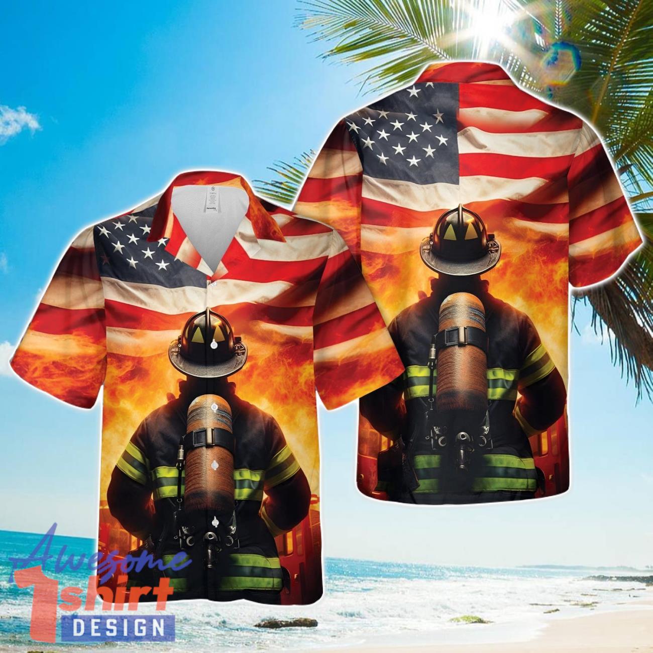 Fireman Engine American Flag Hawaiian Shirt