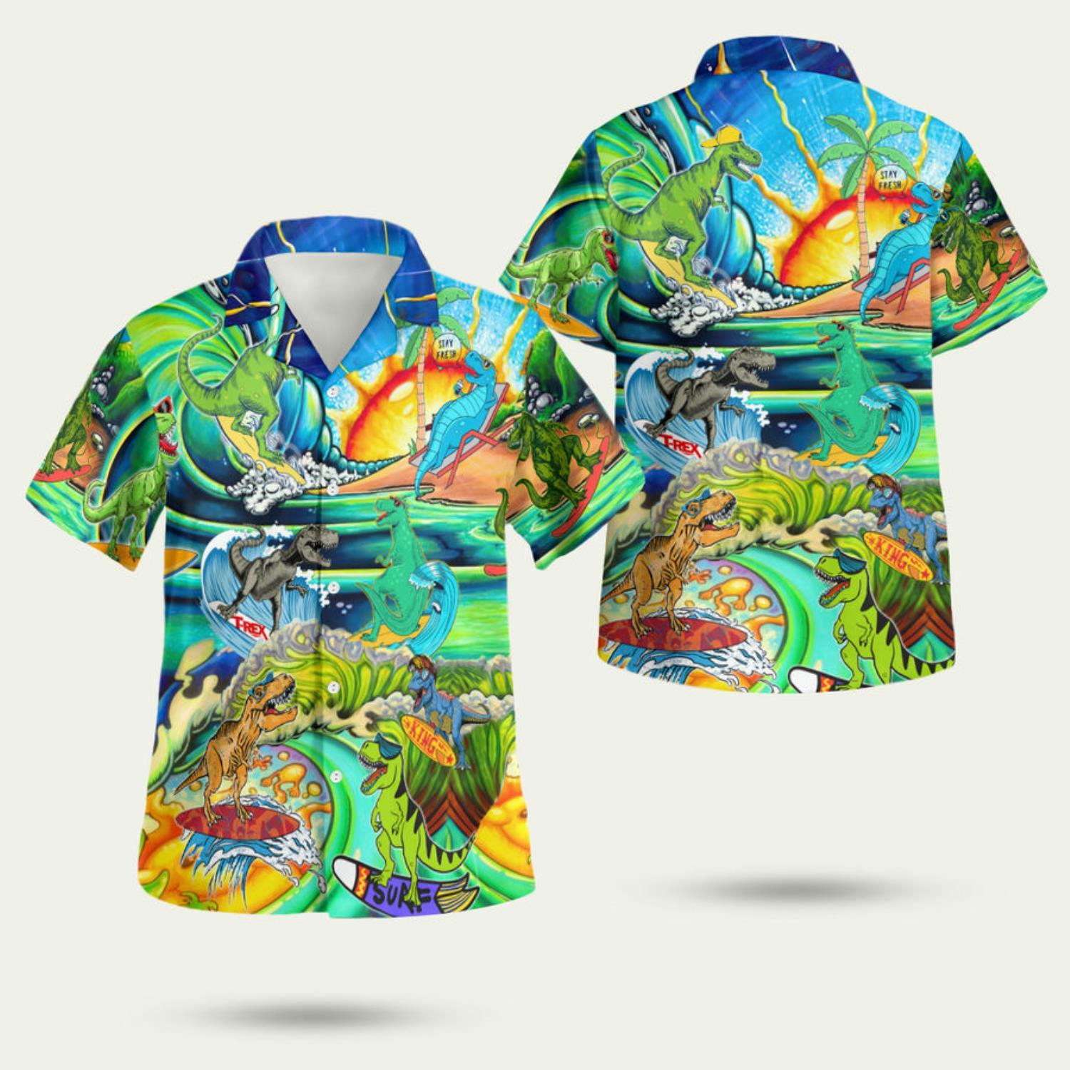 Funny T Rex Dinosaur Surfing On The Summer Beach 3D Hawaiian Shirt Summer Style Gift