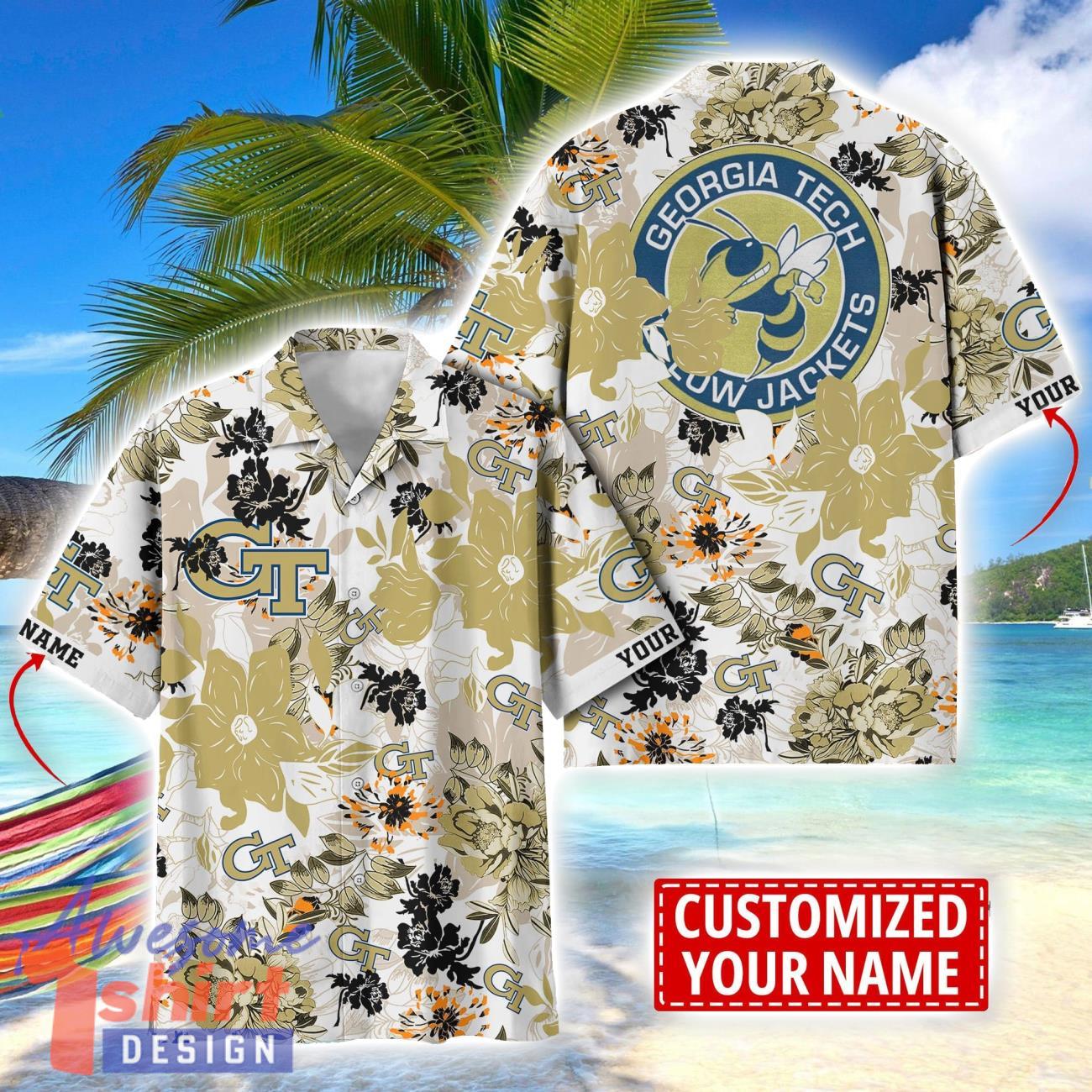 Georgia Tech Yellow Jackets Aloha 3D Hawaiian Shirt Flower Sport Team Beach Shirt Custom Name