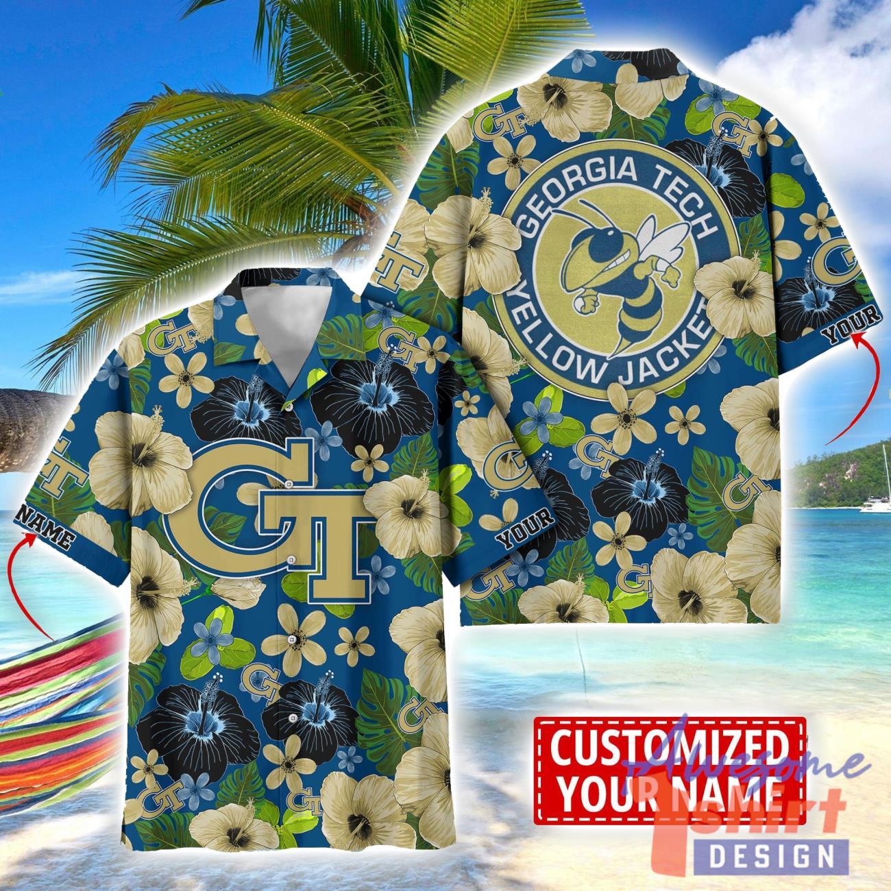 Georgia Tech Yellow Jackets Flower Hawaii Shirt Big Logo Team Floral Hawaiian Shirt Custom Name Gift