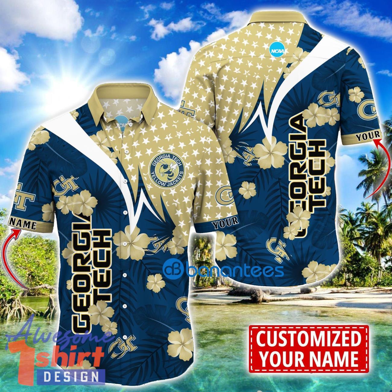 Georgia Tech Yellow Jackets Star and Flower Pattern Tropical Hawaiian Shirt Summer Gift For Men Women Custom Name