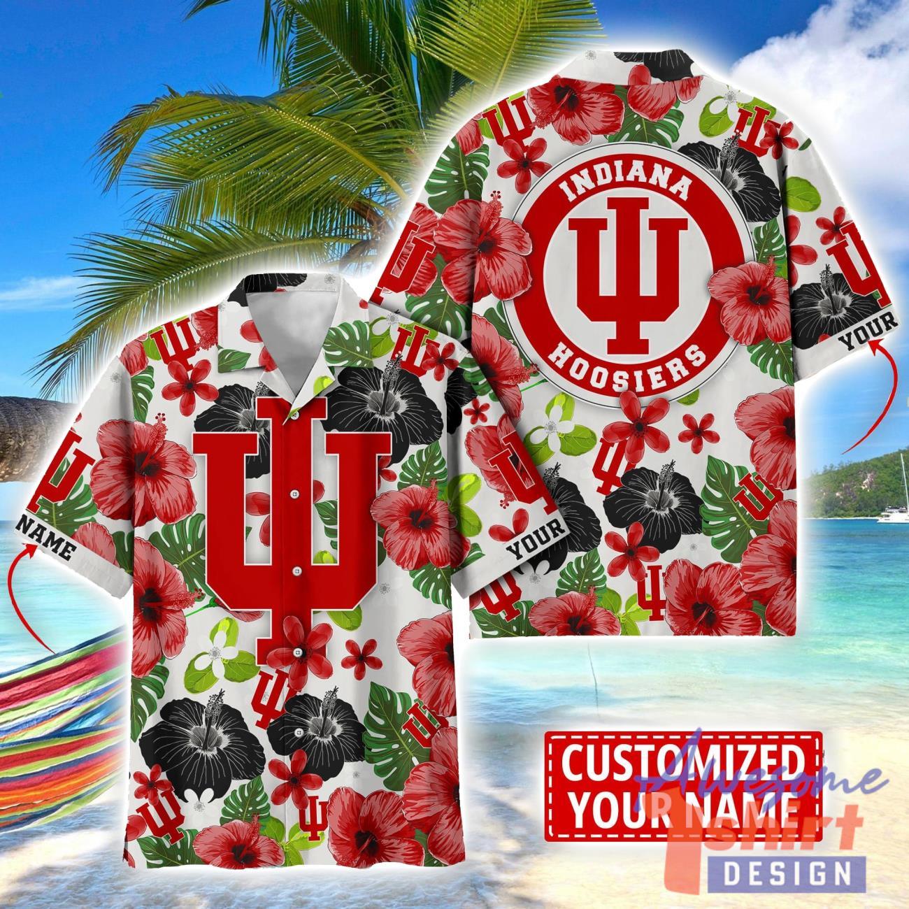 Indiana Hoosiers Flower Hawaii Shirt Big Logo Team Floral Hawaiian Shirt Custom Name Gift