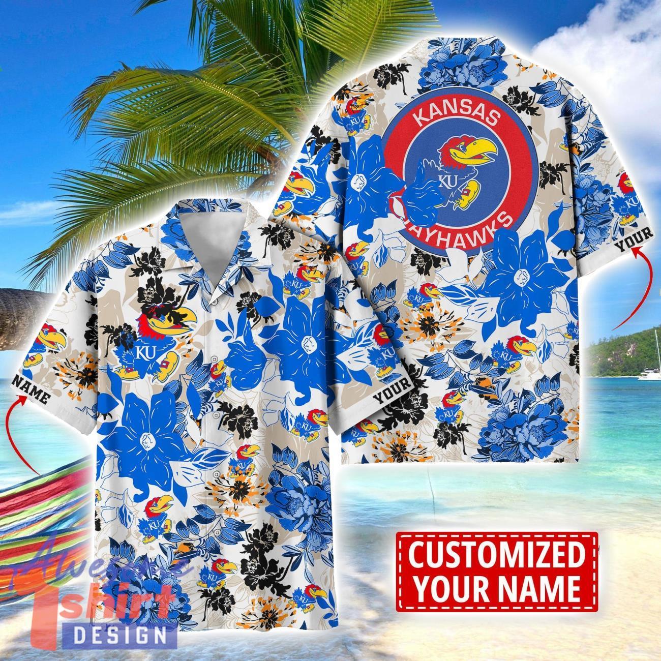 Kansas Jayhawks Aloha 3D Hawaiian Shirt Flower Sport Team Beach Shirt Custom Name