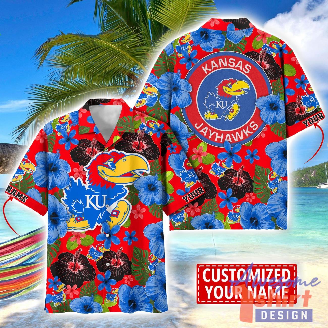 Kansas Jayhawks Flower Hawaii Shirt Big Logo Team Floral Hawaiian Shirt Custom Name Gift