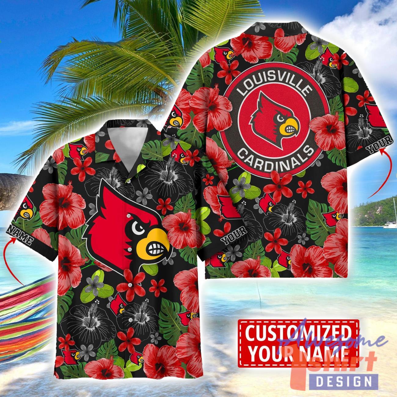 Louisville Cardinals Flower Hawaii Shirt Big Logo Team Floral Hawaiian Shirt Custom Name Gift