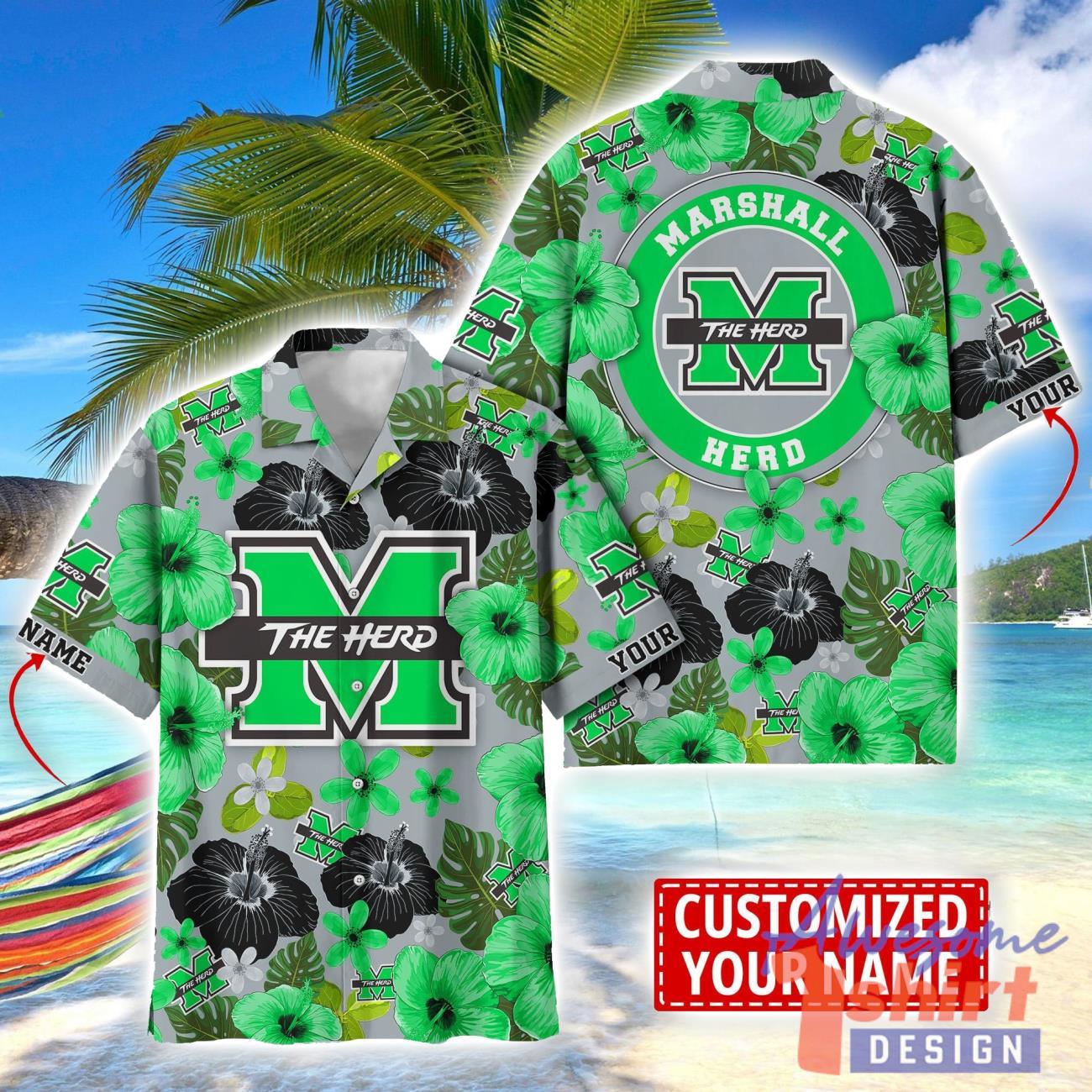 Marshall Thundering Herd Flower Hawaii Shirt Big Logo Team Floral Hawaiian Shirt Custom Name Gift