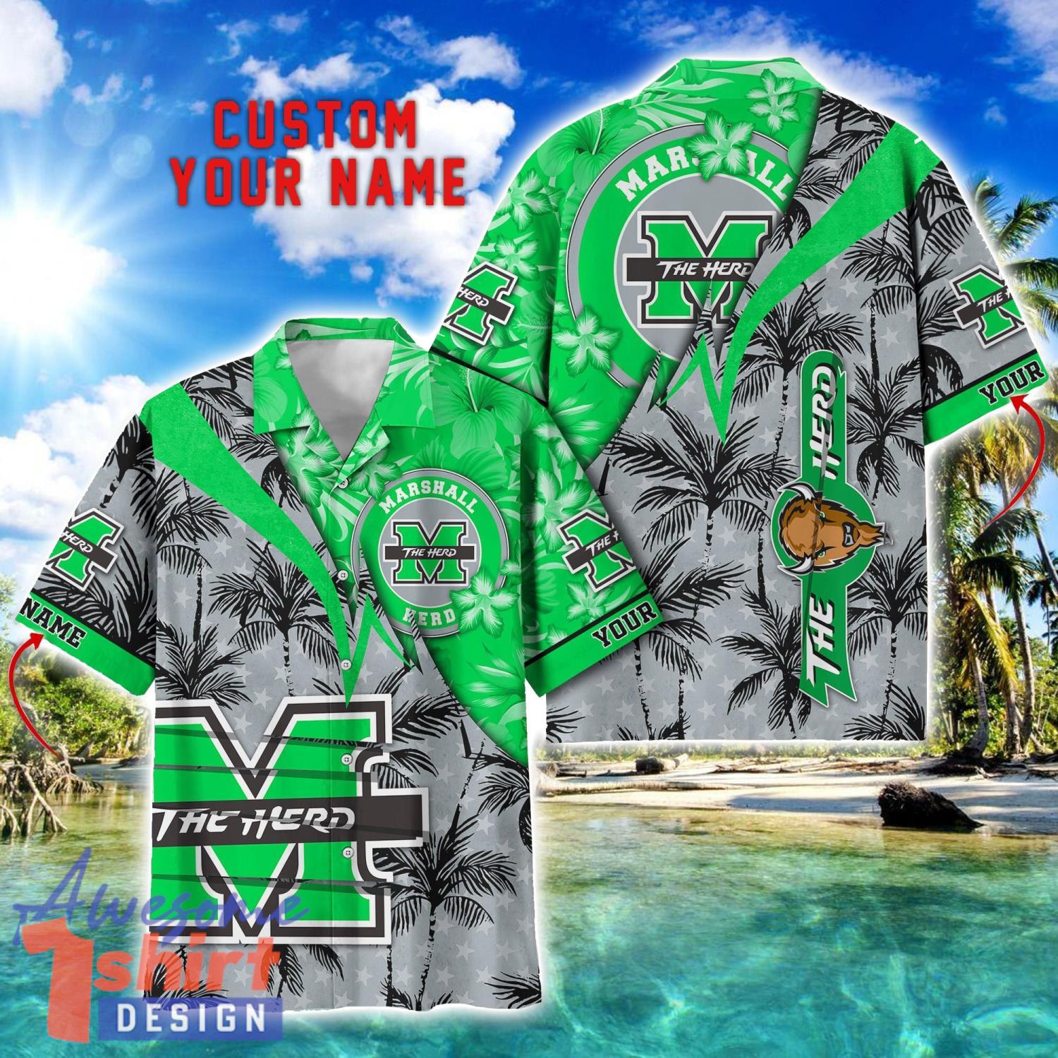 Marshall Thundering Herd Hawaii Shirt Vintage coconut Pattern Tropical Hawaiian Football Beach Shirts Custom Name