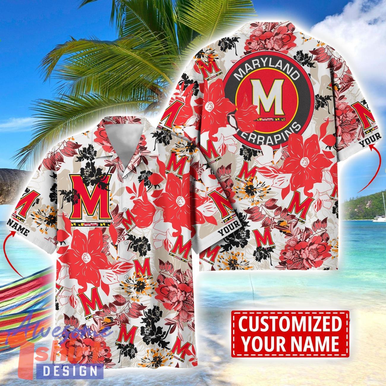 Maryland Terrapins Aloha 3D Hawaiian Shirt Flower Sport Team Beach Shirt Custom Name