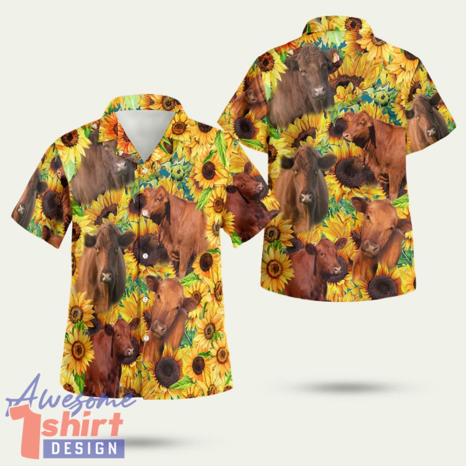 Men Red Angus Yellow Cattle Lovers Sunflower 3D Hawaiian Shirt Summer Style Gift