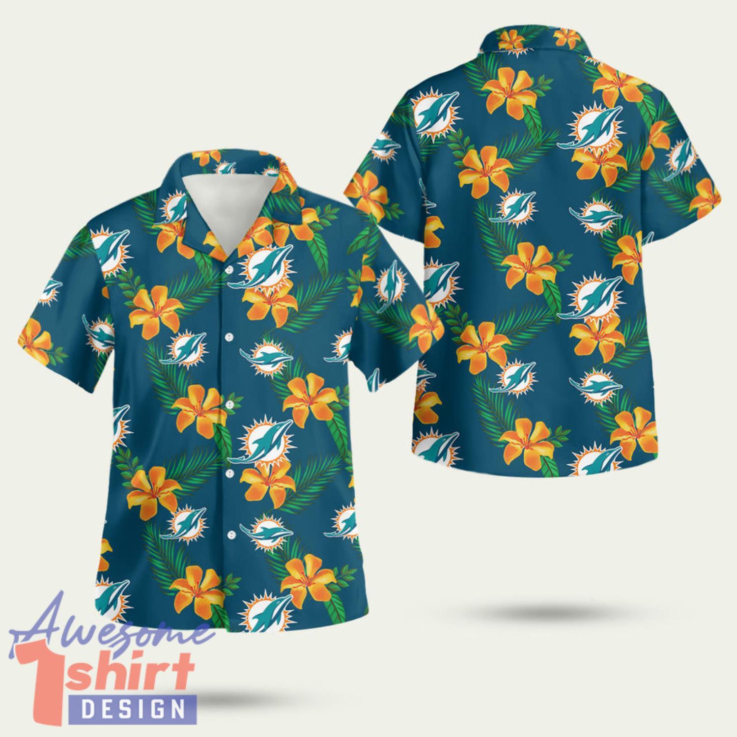 Miami Dolphins Dark Blue And Orange Flowers 3D Hawaiian Shirt Summer Style Gift