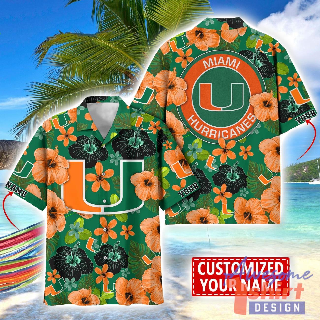 Miami Hurricanes Flower Hawaii Shirt Big Logo Team Floral Hawaiian Shirt Custom Name Gift