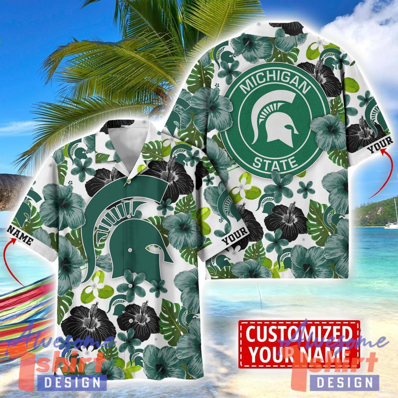 Michigan State Spartans Flower Hawaii Shirt Big Logo Team Floral Hawaiian Shirt Custom Name Gift