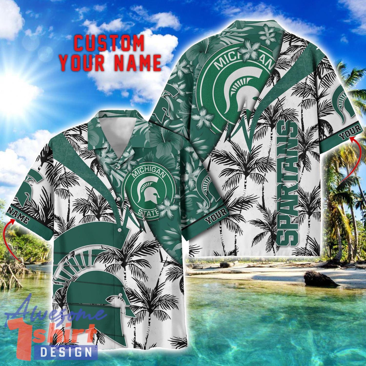 Michigan State Spartans Hawaii Shirt Vintage coconut Pattern Tropical Hawaiian Football Beach Shirts Custom Name