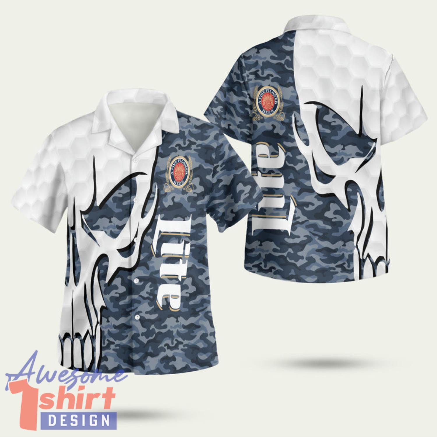 Miller Lite Navy Camo Skull 3D Hawaiian Shirt Summer Style Gift