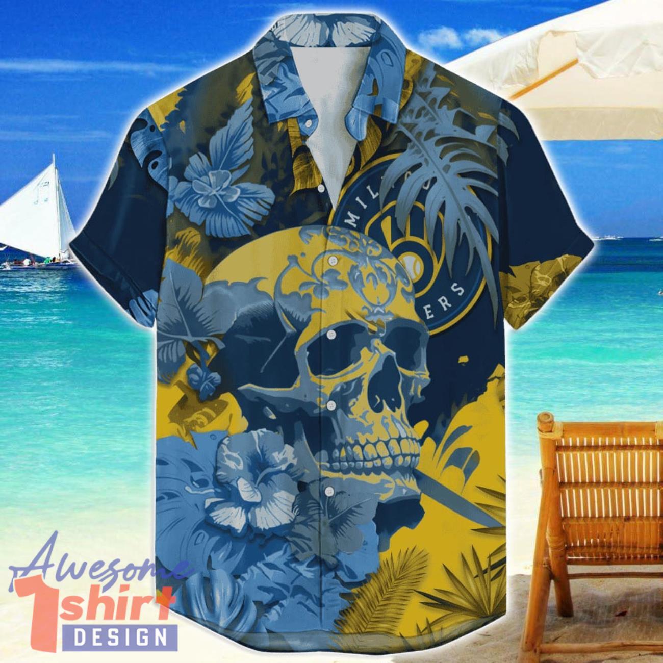 Milwaukee Brewers Skull Flower Hawaiian Shirt MLB Halloween Gift For Sports Fans