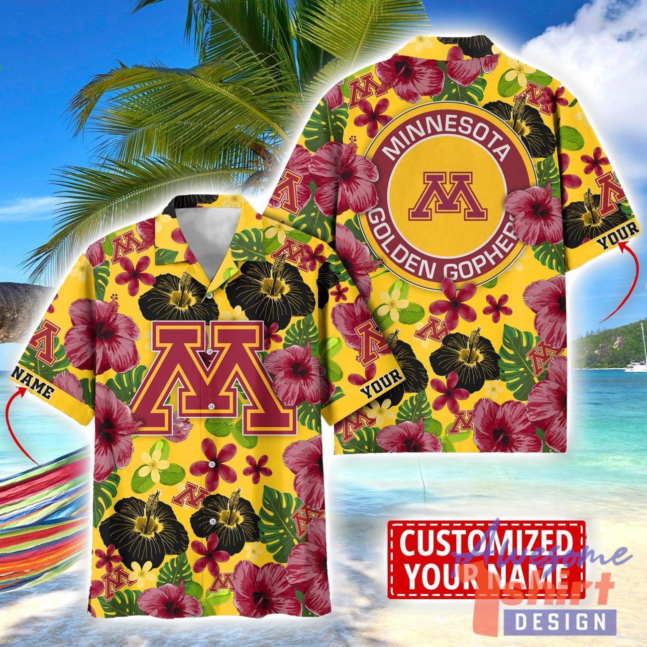 Minnesota Golden Gophers Flower Hawaii Shirt Big Logo Team Floral Hawaiian Shirt Custom Name Gift