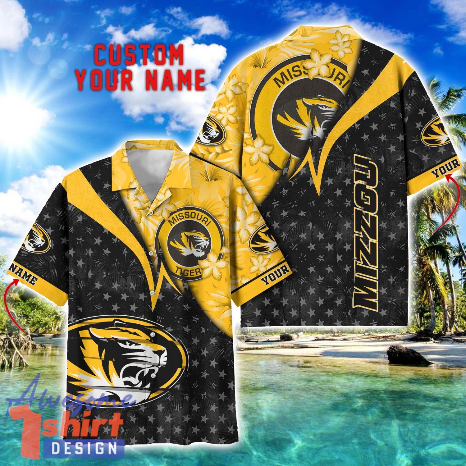 Missouri Tigers Hawaii Shirt Vintage coconut Pattern Tropical Hawaiian Football Beach Shirts Custom Name