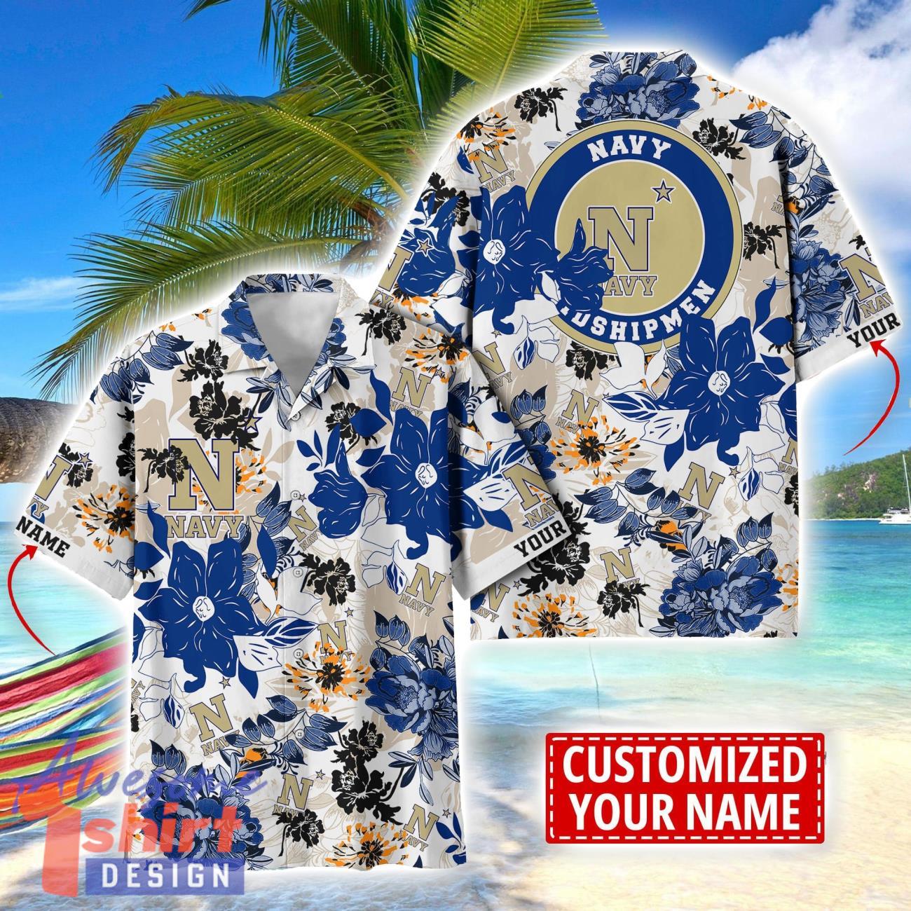 Navy Midshipmen Aloha 3D Hawaiian Shirt Flower Sport Team Beach Shirt Custom Name