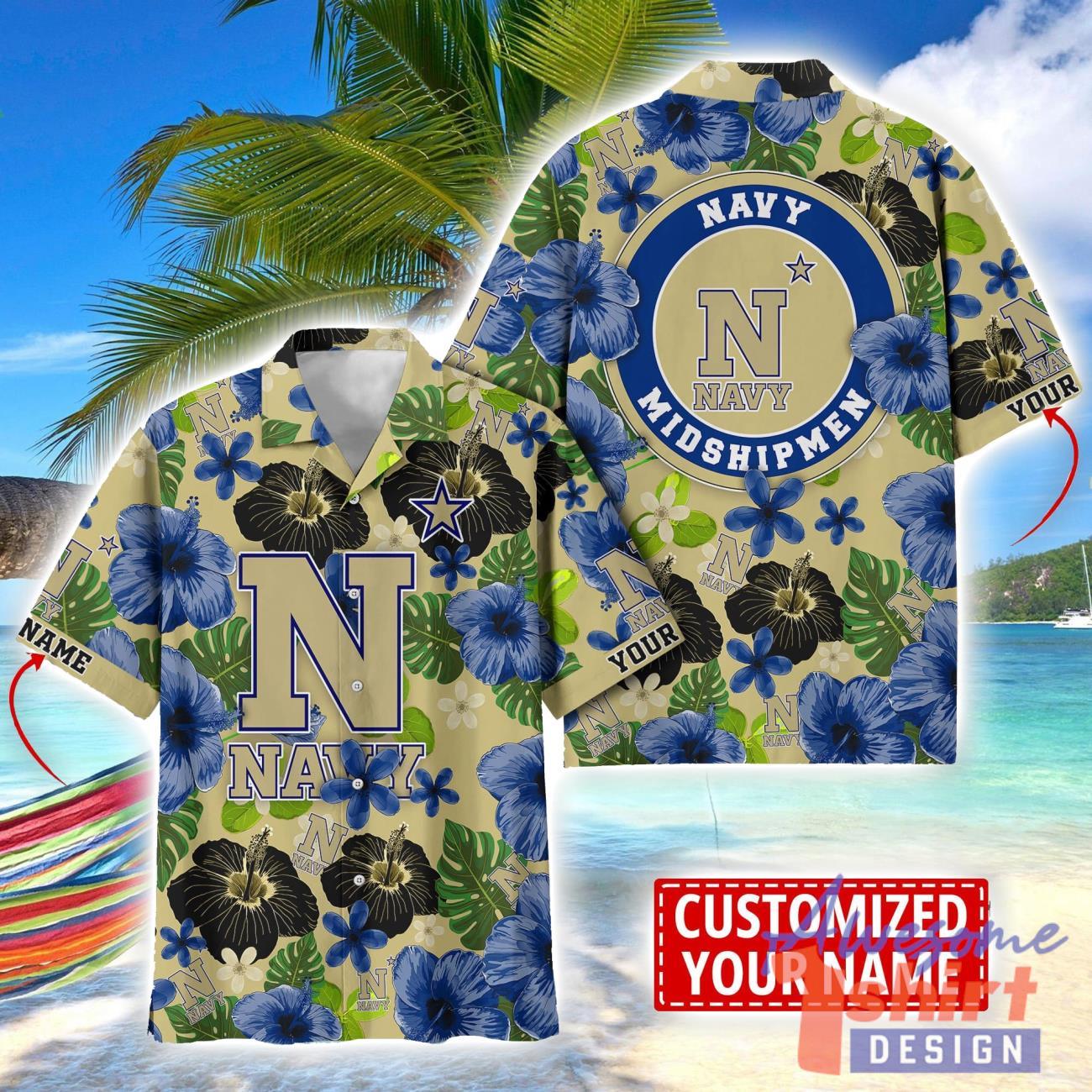 Navy Midshipmen Flower Hawaii Shirt Big Logo Team Floral Hawaiian Shirt Custom Name Gift