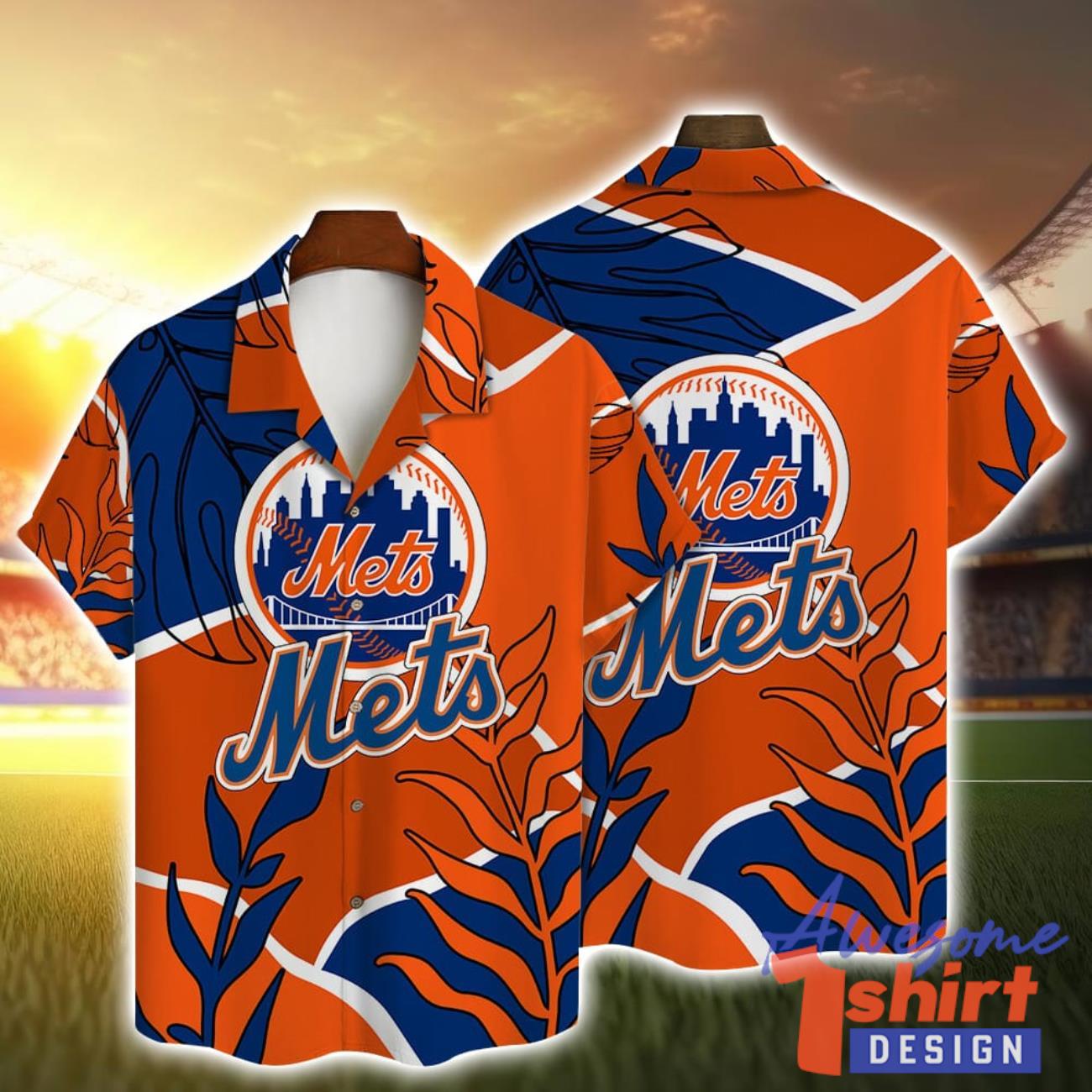 New York Mets Team Logo Vintage Leaf  Pattern Hawaiian Shirt