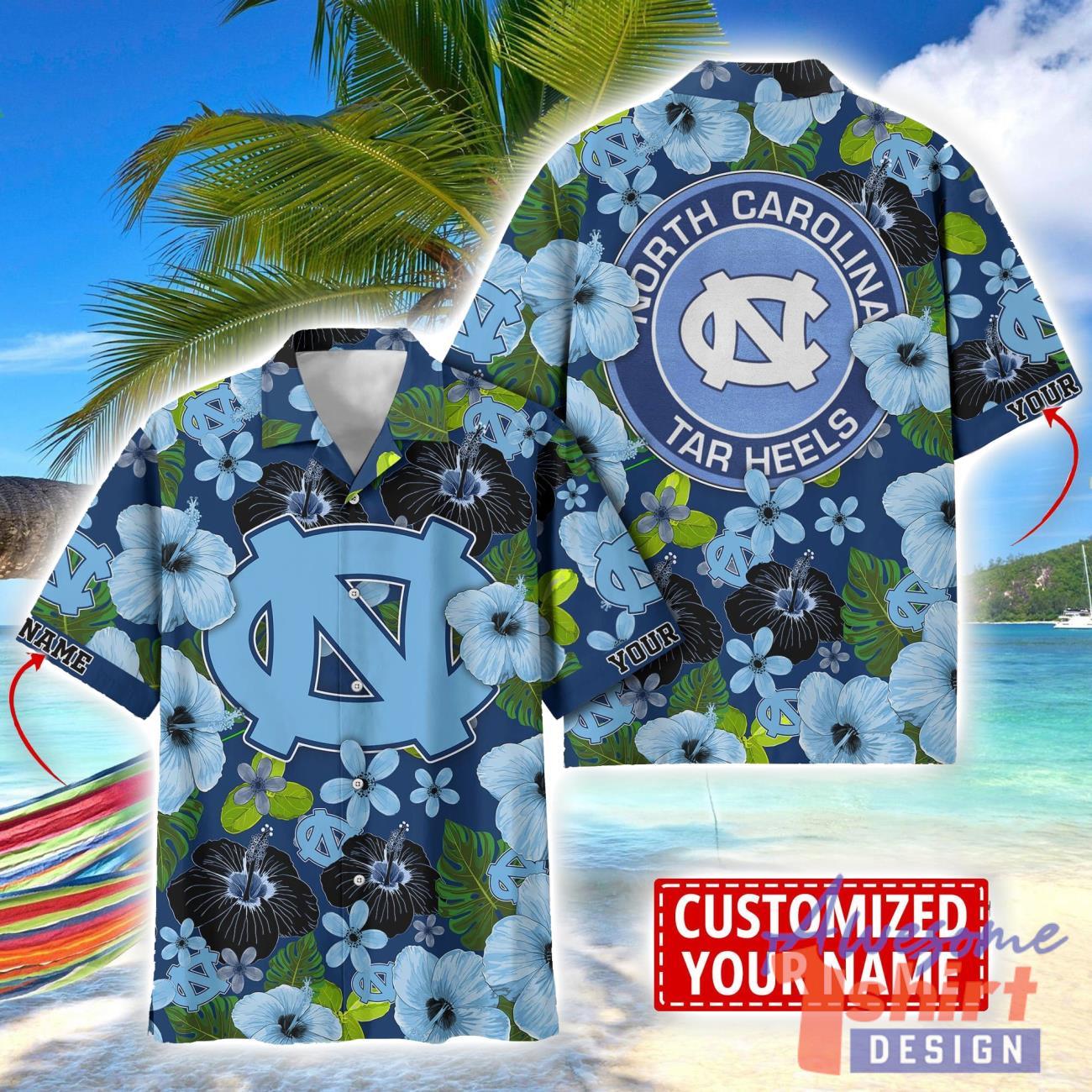 North Carolina Tar Heels Flower Hawaii Shirt Big Logo Team Floral Hawaiian Shirt Custom Name Gift