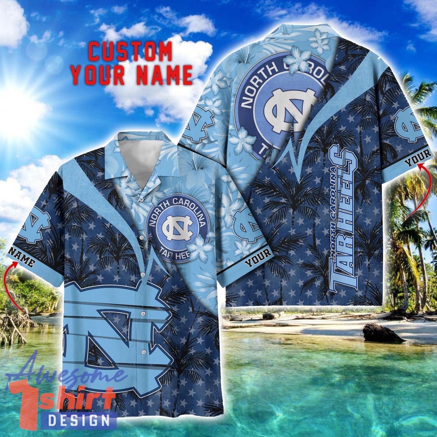 North Carolina Tar Heels Hawaii Shirt Vintage coconut Pattern Tropical Hawaiian Football Beach Shirts Custom Name