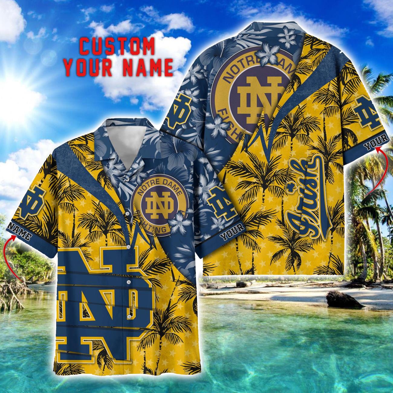 Notre Dame Fighting Irish Hawaii Shirt Vintage coconut Pattern Tropical Hawaiian Football Beach Shirts Custom Name