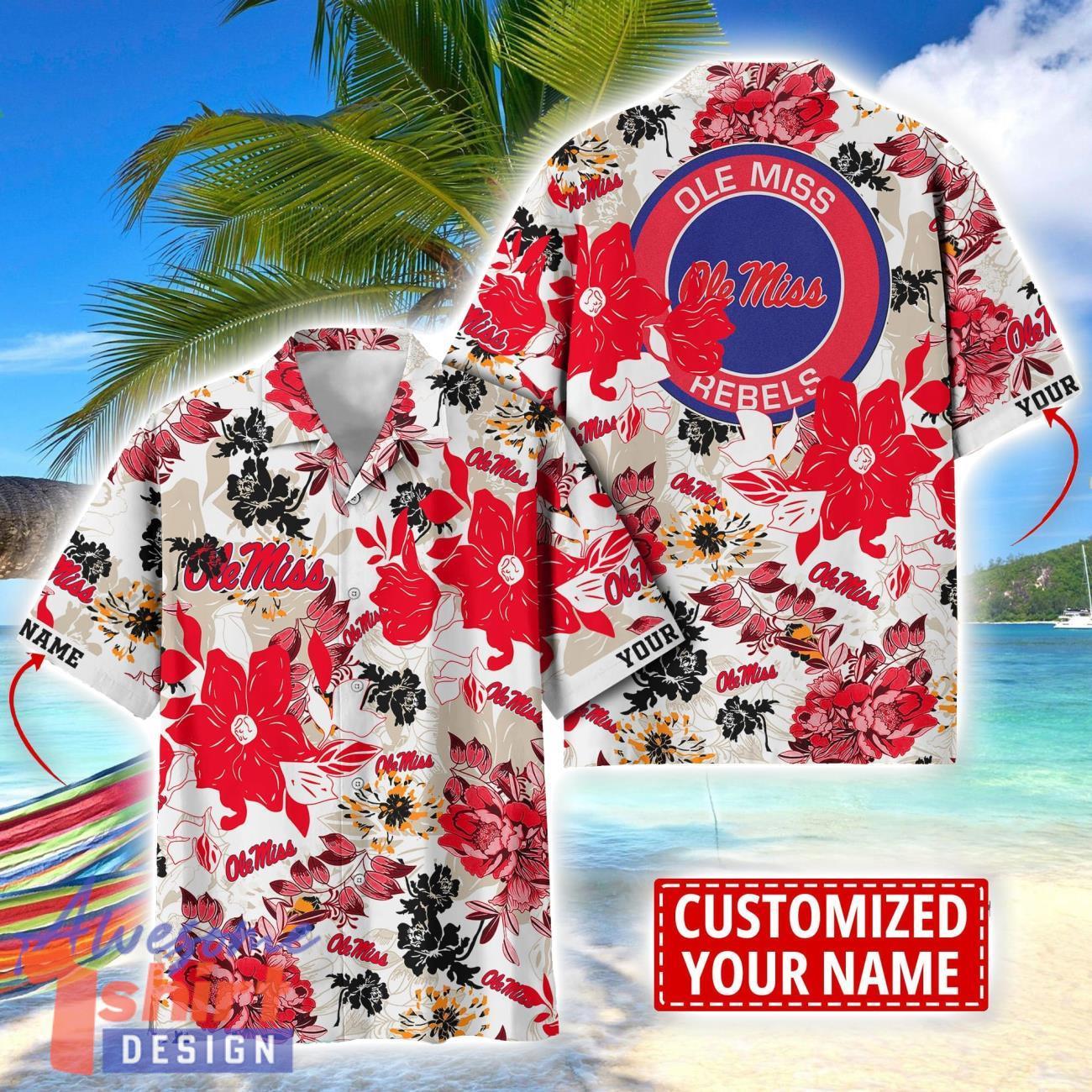 Ole Miss Rebels Aloha 3D Hawaiian Shirt Flower Sport Team Beach Shirt Custom Name