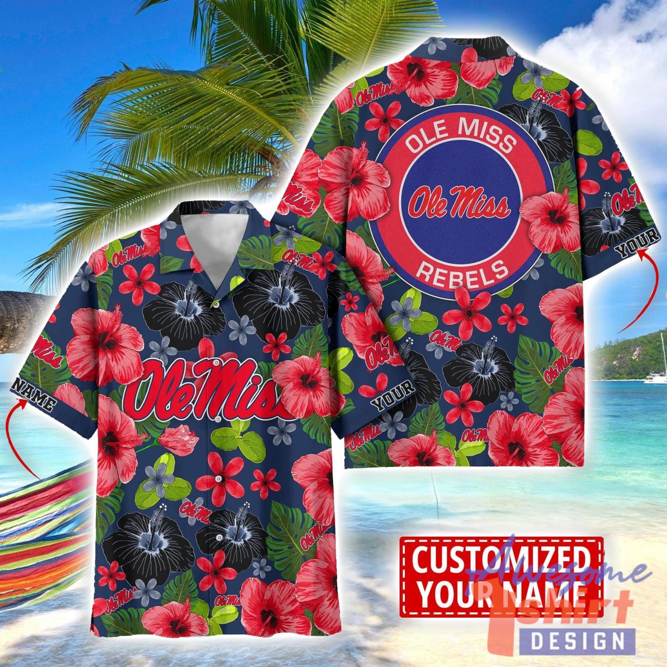 Ole Miss Rebels Flower Hawaii Shirt Big Logo Team Floral Hawaiian Shirt Custom Name Gift