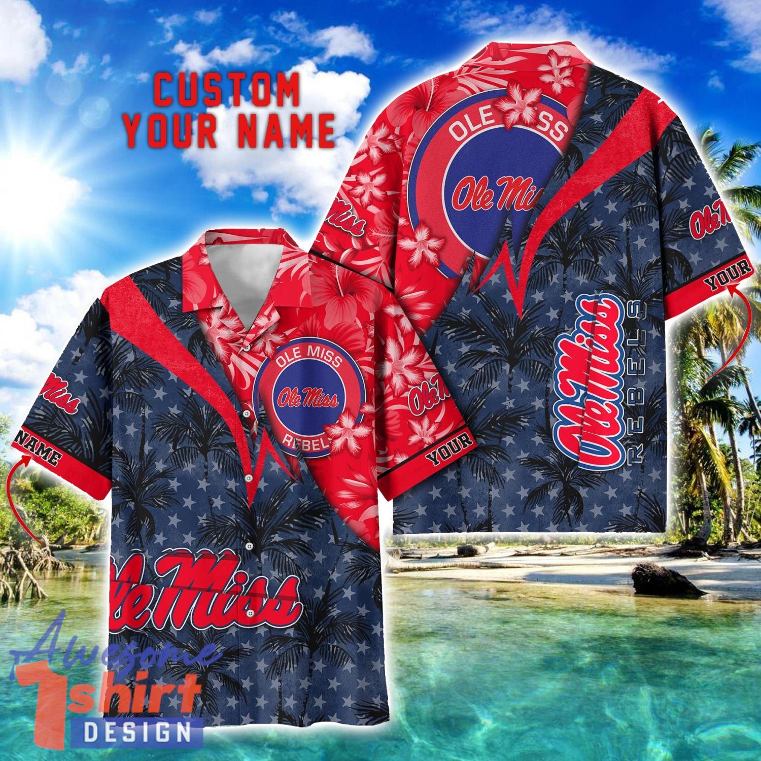 Ole Miss Rebels Hawaii Shirt Vintage coconut Pattern Tropical Hawaiian Football Beach Shirts Custom Name