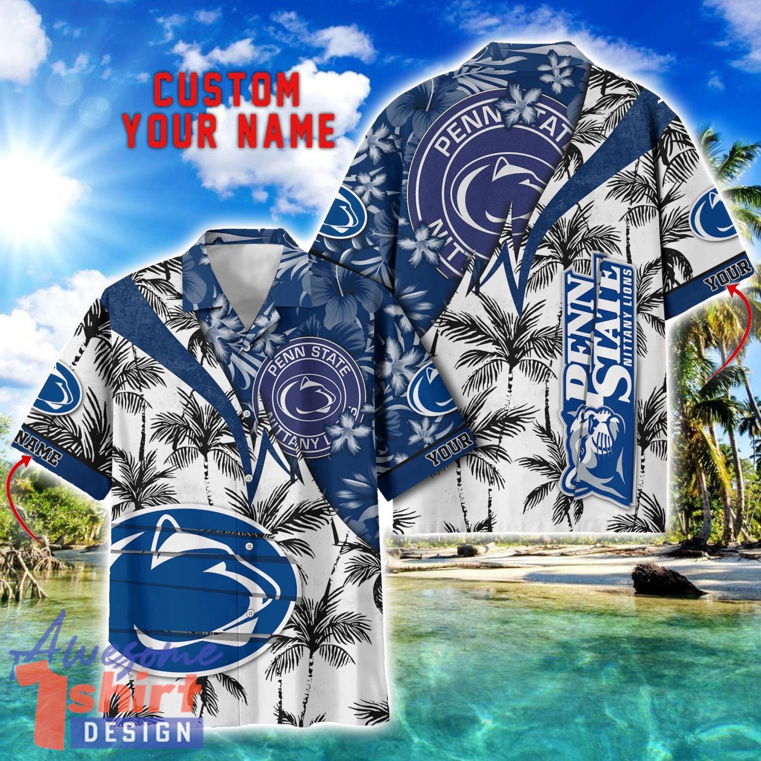 Penn State Nittany Lions Hawaii Shirt Vintage coconut Pattern Tropical Hawaiian Football Beach Shirts Custom Name