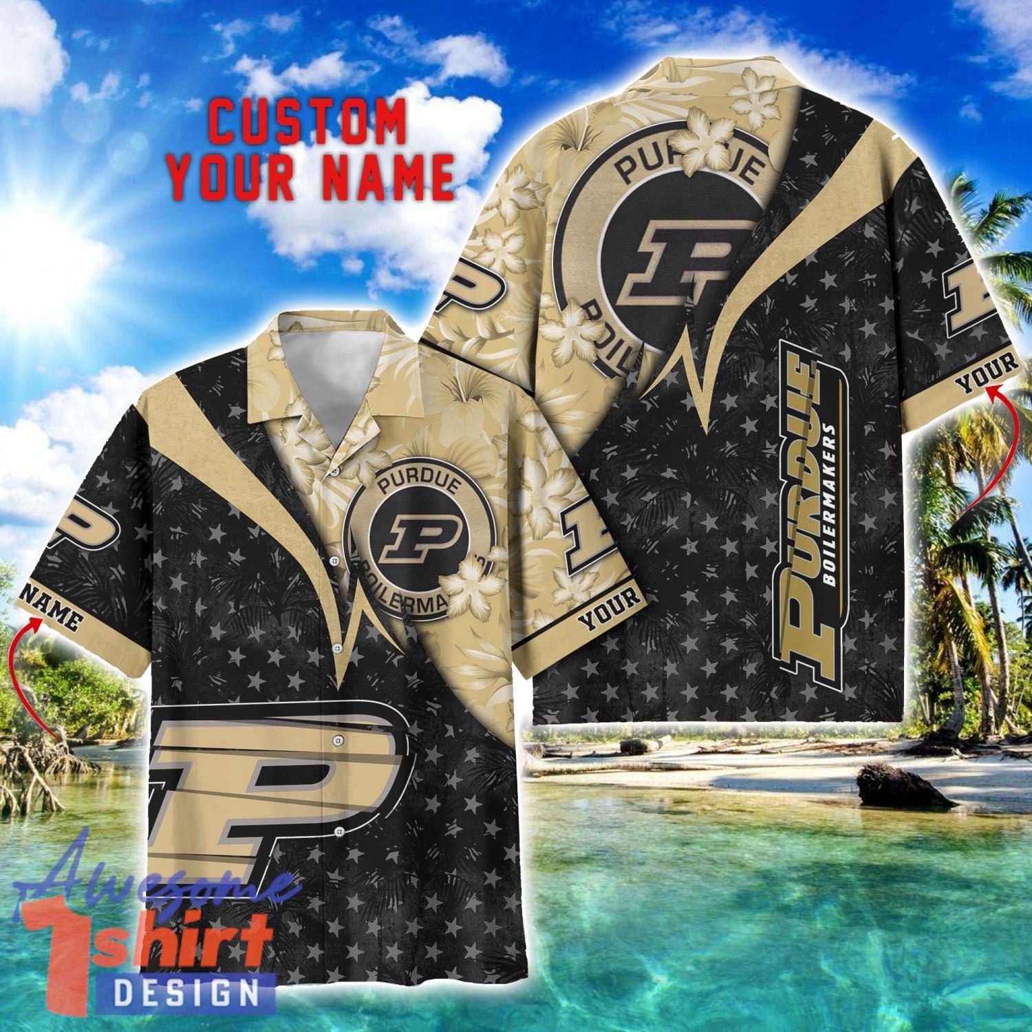 Purdue Boilermakers Hawaii Shirt Vintage coconut Pattern Tropical Hawaiian Football Beach Shirts Custom Name