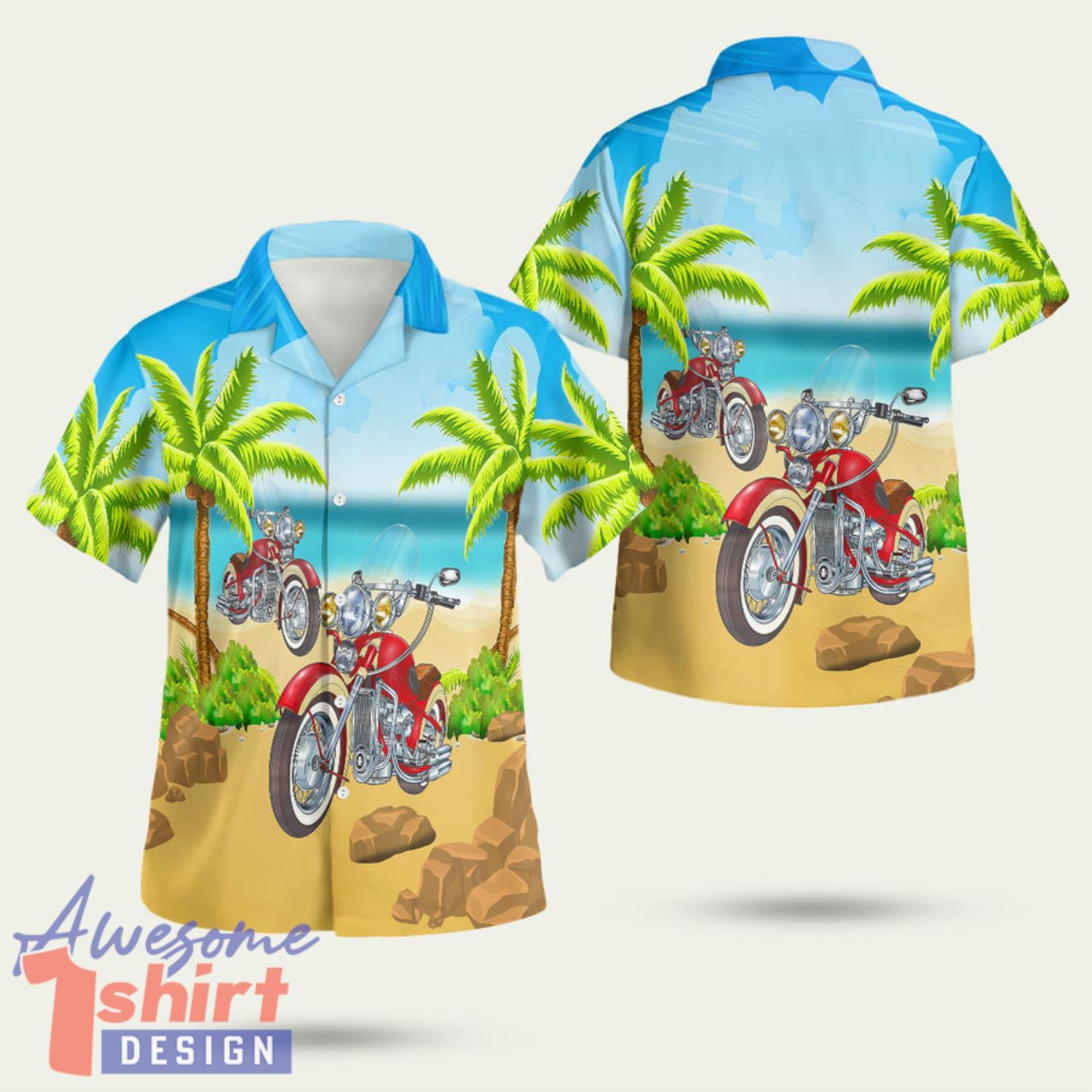 Red Motorcycle On The Beach Blue 3D Hawaiian Shirt Summer Style Gift