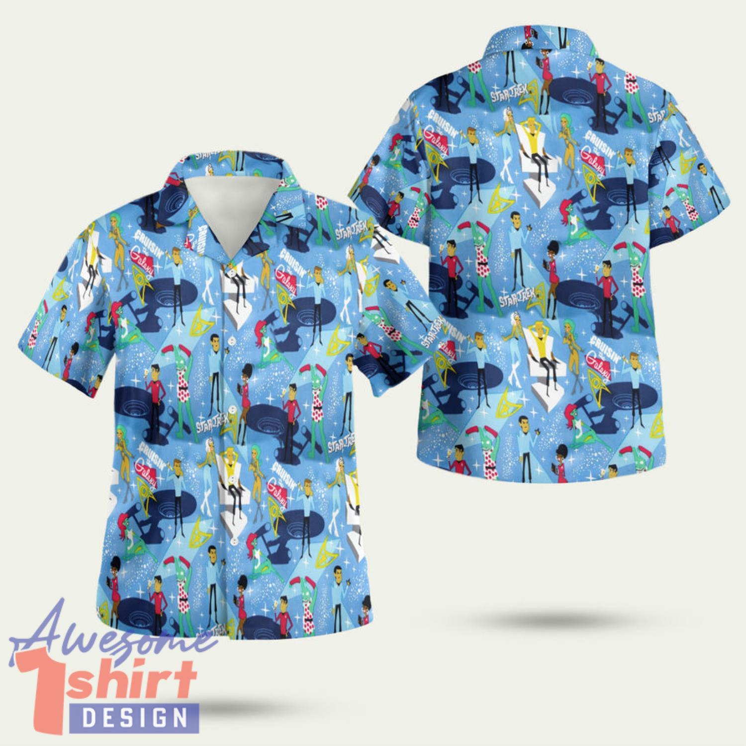 Retro Star X Trek Light Blue With Cartoon Character 3D Hawaiian Shirt Summer Style Gift