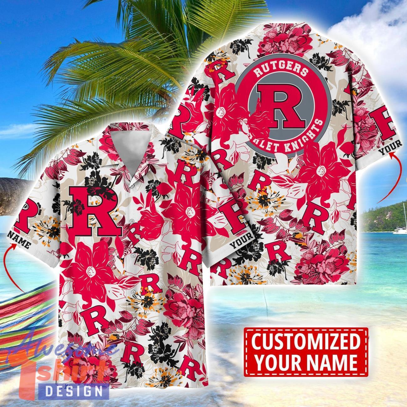 Rutgers Scarlet Knights Aloha 3D Hawaiian Shirt Flower Sport Team Beach Shirt Custom Name