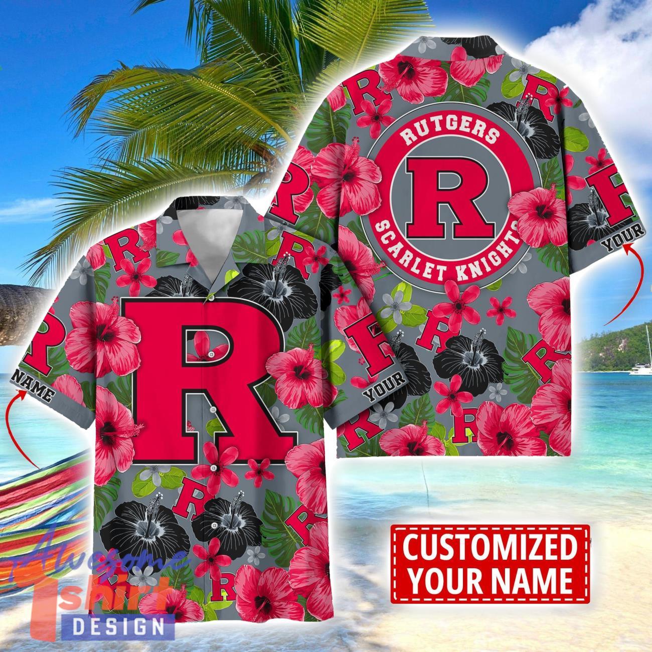 Rutgers Scarlet Knights Flower Hawaii Shirt Big Logo Team Floral Hawaiian Shirt Custom Name Gift