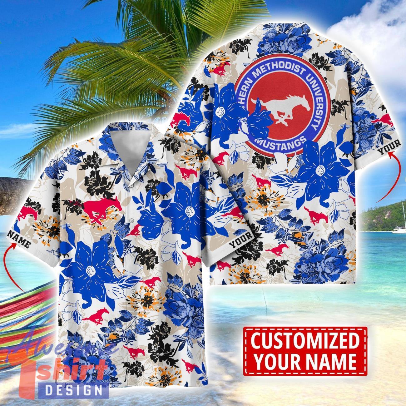 SMU Mustangs Aloha 3D Hawaiian Shirt Flower Sport Team Beach Shirt Custom Name