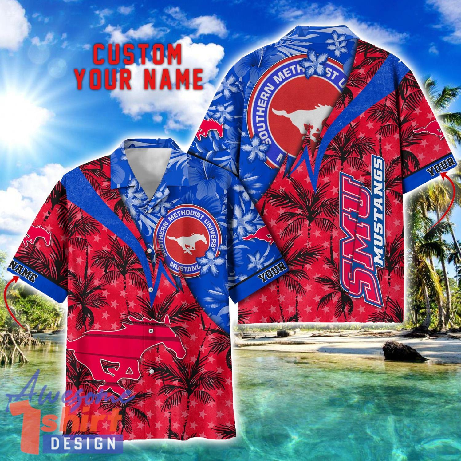 SMU Mustangs Hawaii Shirt Vintage coconut Pattern Tropical Hawaiian Football Beach Shirts Custom Name